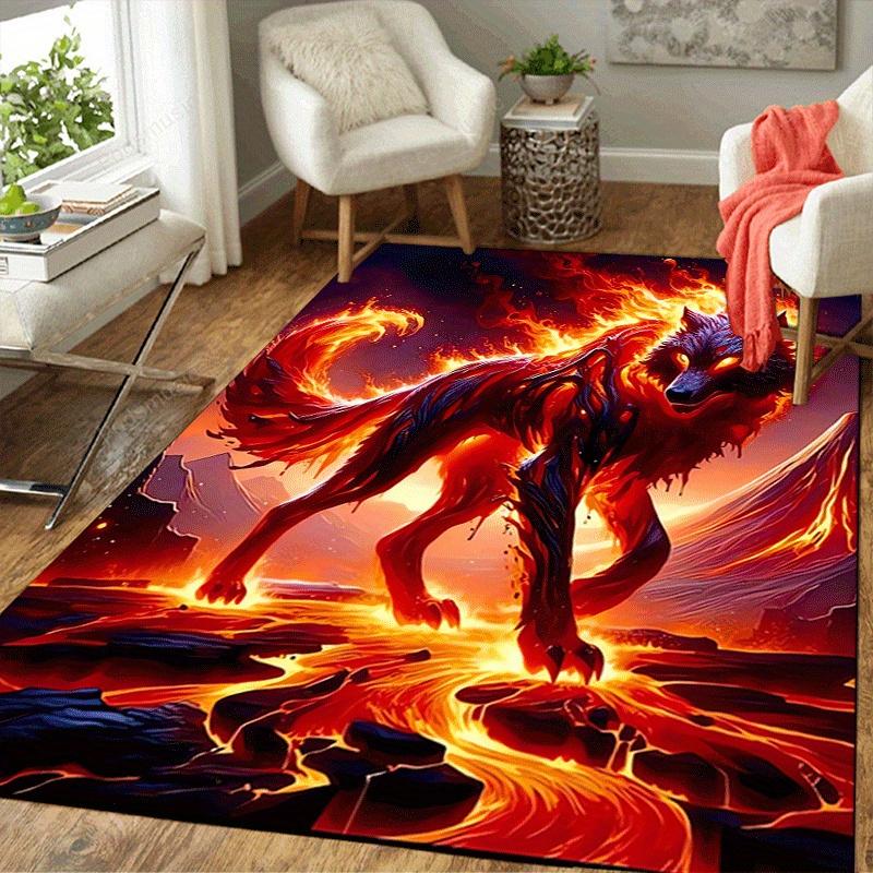 1pc Burning Wolf Print, Design Indoor Area Rug - Soft, Anti-Slip, and Durable Gaming Room Decor for Bedroom