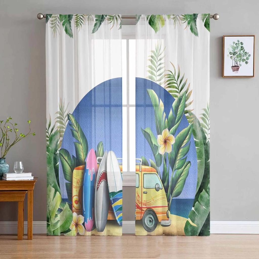 Strandbus tropische Blätter Sommer durchsichtige Vorhänge für Wohnzimmer Küche Fenster Vorhänge Schlafzimmer Tüll Voile Vorhänge