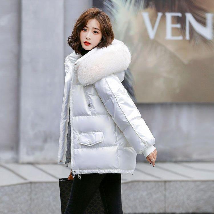 2024 Women Shiny White Duck Down Jacket Warm Loose Fit Short Wash Free Fur Collar