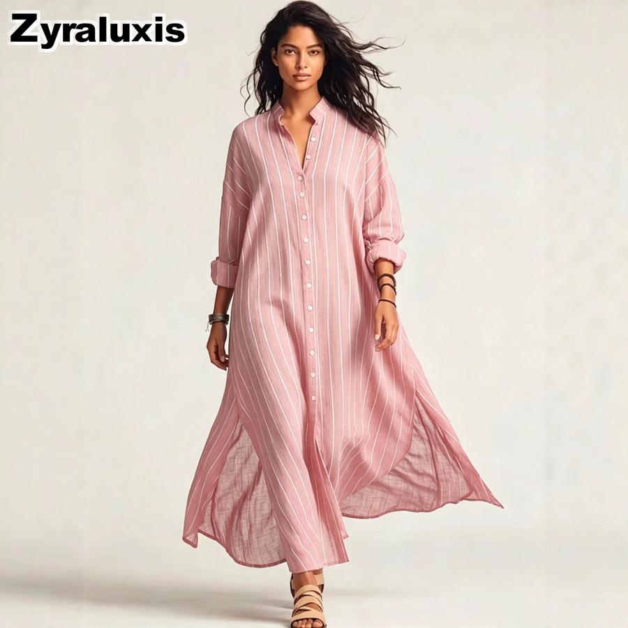 New Summer Striped Loose Long Sleeve Button Shirt Dress