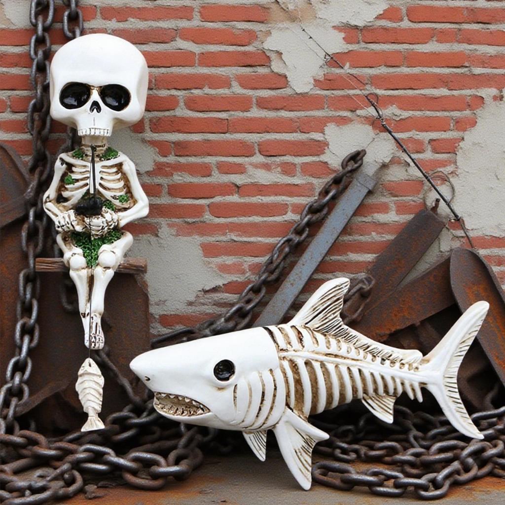Skeleton Figurines Resin Skeleton and Shark Statue Halloween Ornament Gothic Desktop Statue for Table Nightstands Bookshelves