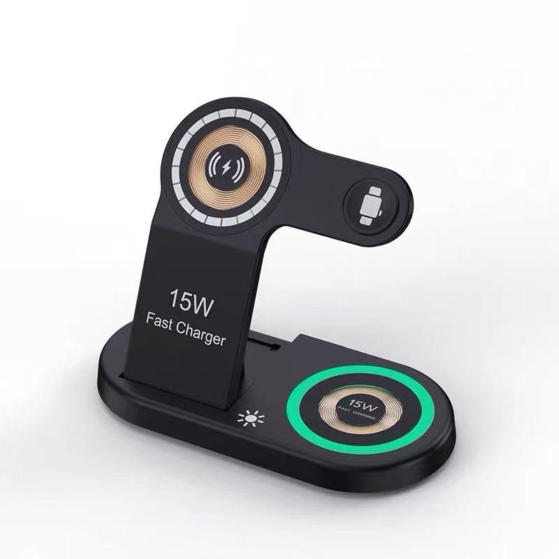 Foldable 3-in-1 Magnetic Wireless Charger for Apple Phone, Watch & Earbuds with Vertical Stand & Data Cable
