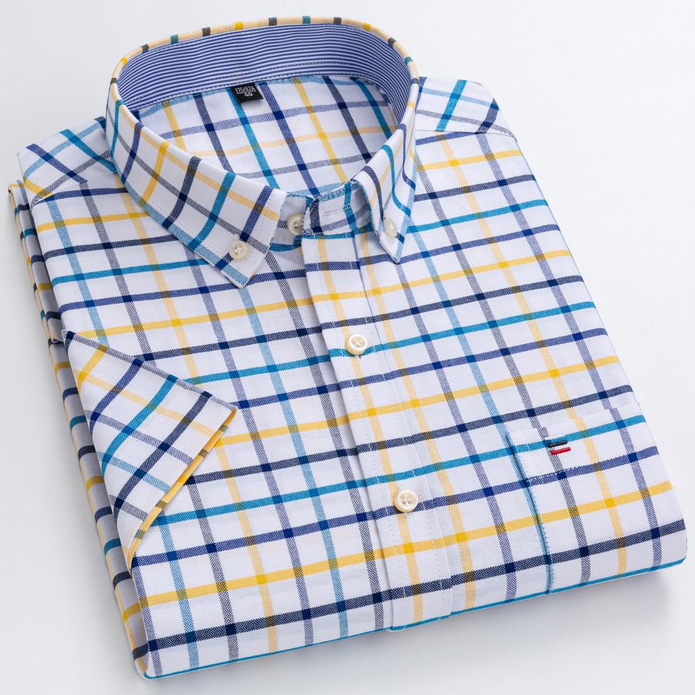 Herren 100% Baumwolle Mehrfarbig Kariert Oxford Hemden Kurzarm Regular Fit Kragen Freizeit Button-Down-Hemd mit Tasche