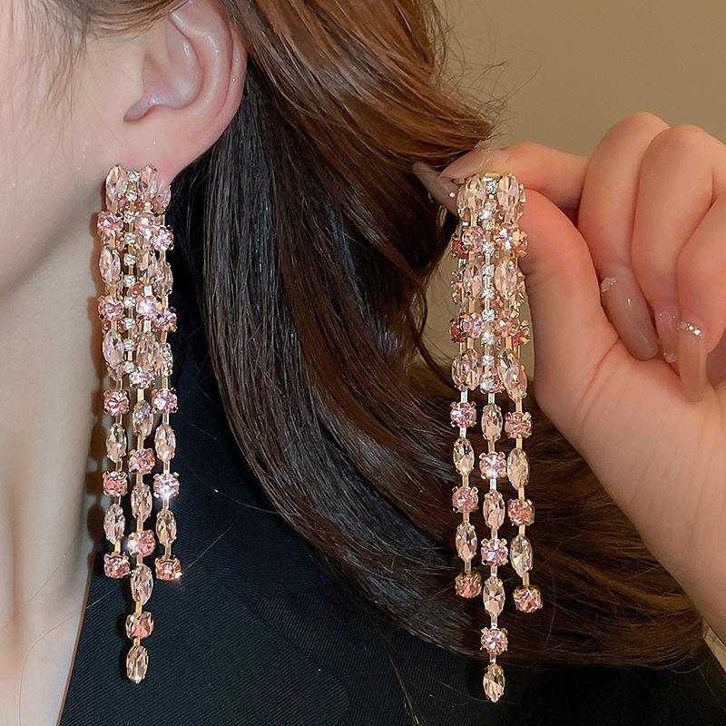 Silver Zirconia Bow Tassel Earrings: Korean Style, Exaggerated Luxury Ear Stud Ornaments.