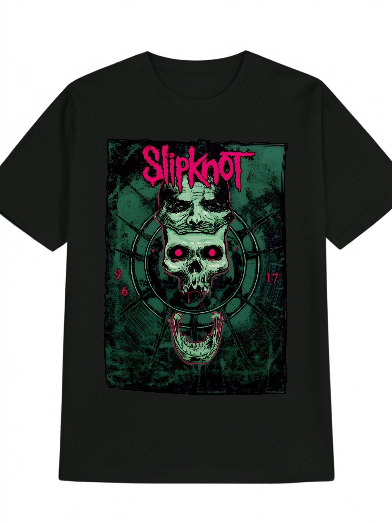 Slipknot Graphic Print Casual T-shirt - Black Band Tee with Skull Design M