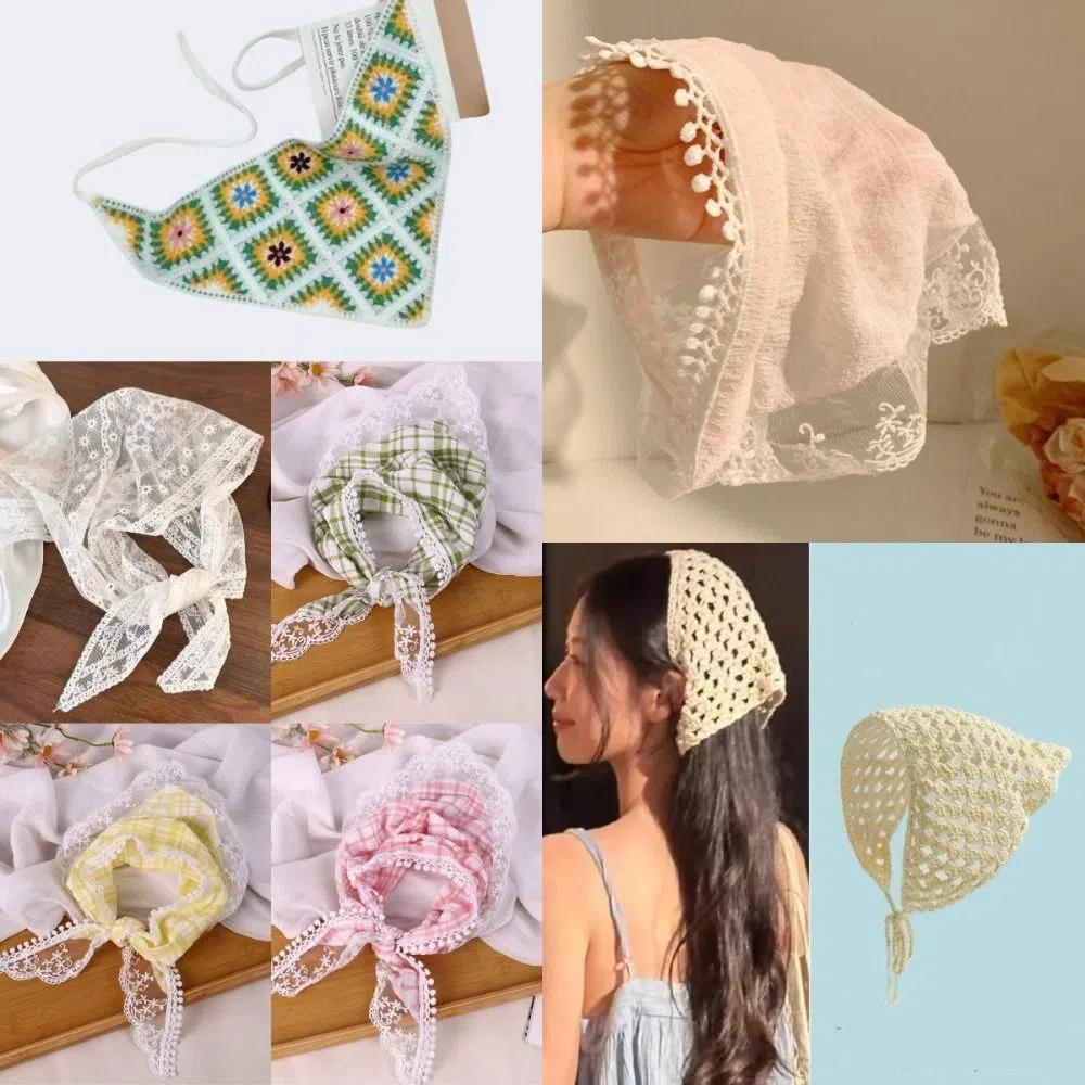 Multicolor Lace Hair Scarf French Pastoral Style Crochet Triangle Headscarf  Spring Outing