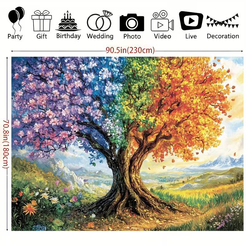 2D Four Seasons Tree of Life Tapestry, Vibrant Blossom & Autumn Leaves Wall Art 47.2x31.5inch/120*80cm