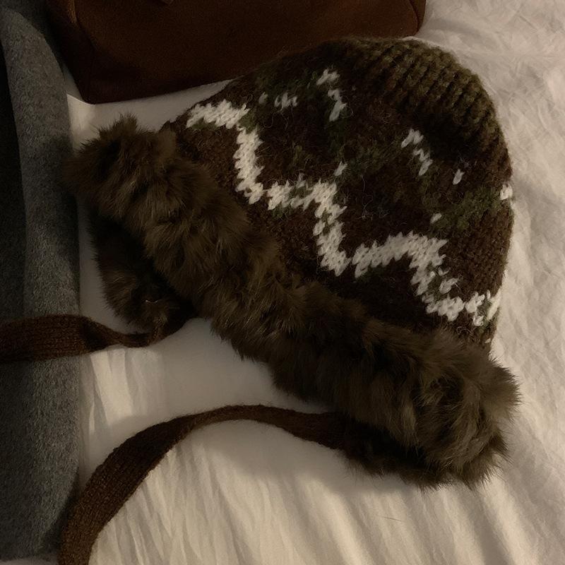 Knitted Plush Hat Women's Autumn and Winter Big Head Hat Warm and Cold Resistant Ear Protection Lei Feng Hat