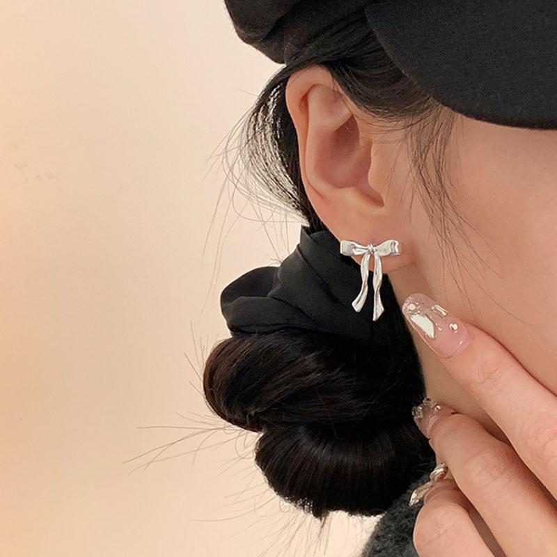 S925 Silver Bow Knot Stud Earrings Elegant Simple Cute Jewelry For Women Girls Fine Piercing Ear Accessories