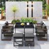 7-Piece Dining Table and Chair Set for 6 People, Table Made of Tempered Glass, Armrests of Plastic and Wood, Suitable for Backyard, Garden Patio
