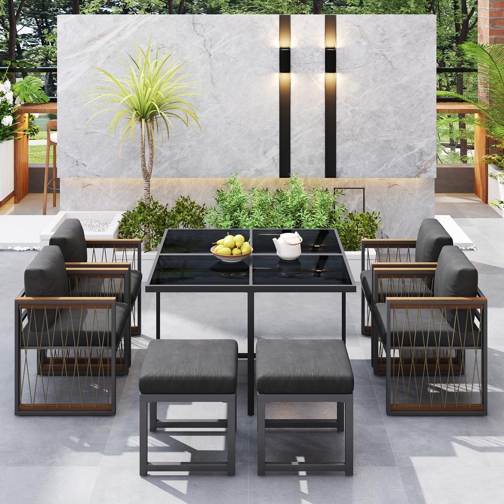 7-Piece Dining Table and Chair Set for 6 People, Table Made of Tempered Glass, Armrests of Plastic and Wood, Suitable for Backyard, Garden Patio