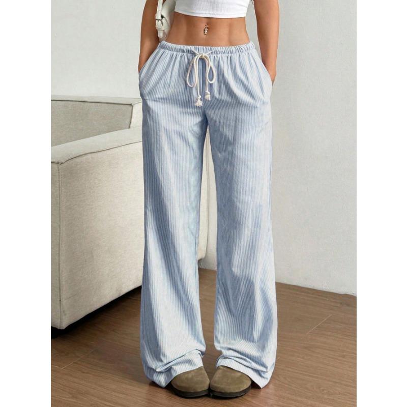Women's New Summer Versatile Stripes Loose Casual Elastic Waist Drape Feeling Straight Tow Trousers