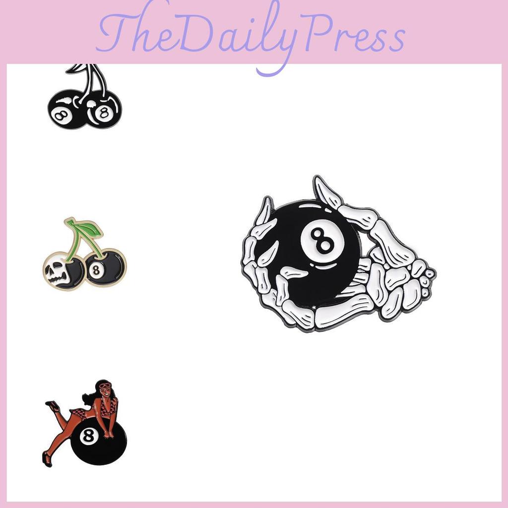 Unique Black 8 Ball Sports Metal Badge Creative Cherry Skull Cartoon Brooch Pin For Fashionable Wear