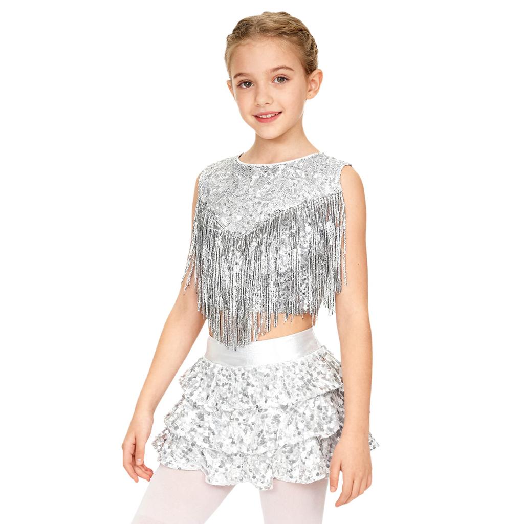 Girls 70s Disco Outfit Metallic Gloss Top Sequins Design Tassels Detail Ruffle Skirt Shorts Two Piece Set