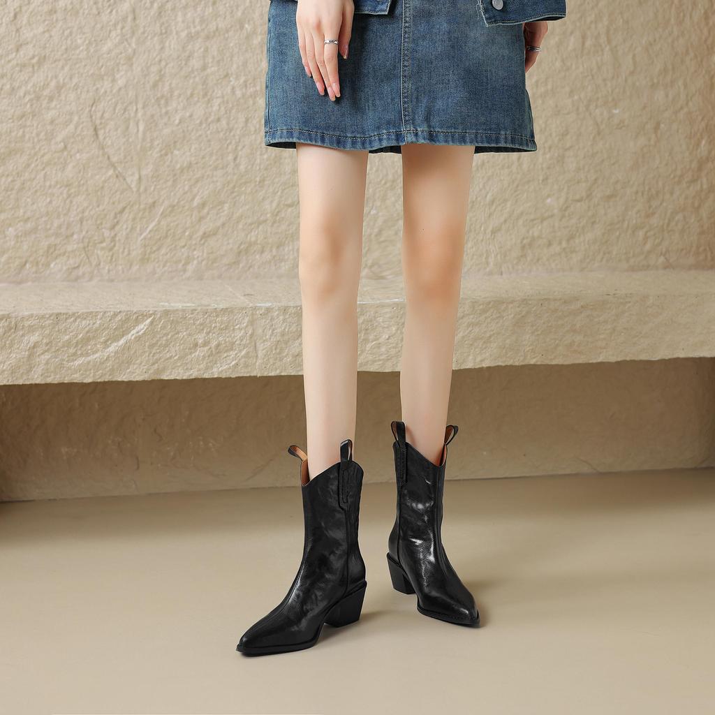 Krazing Pot Sheep Skin Autumn Winter Shoes Thick High Heels Size 43 Western Boots Slip on Ankle Boots