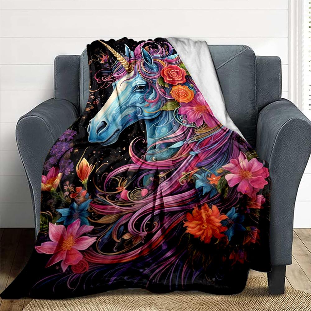 1pc Unicorn Flowers Flannel Blanket, Comfortable and Warm Blanket, for Camping Sofa Bed and Couch Office006