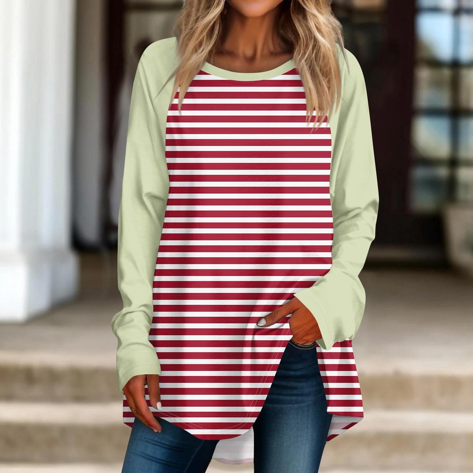 

Женская негабаритная полосатая рубашка с длинными рукавами и круглым вырезом, полосатая футболка, верхний пуловер M красный