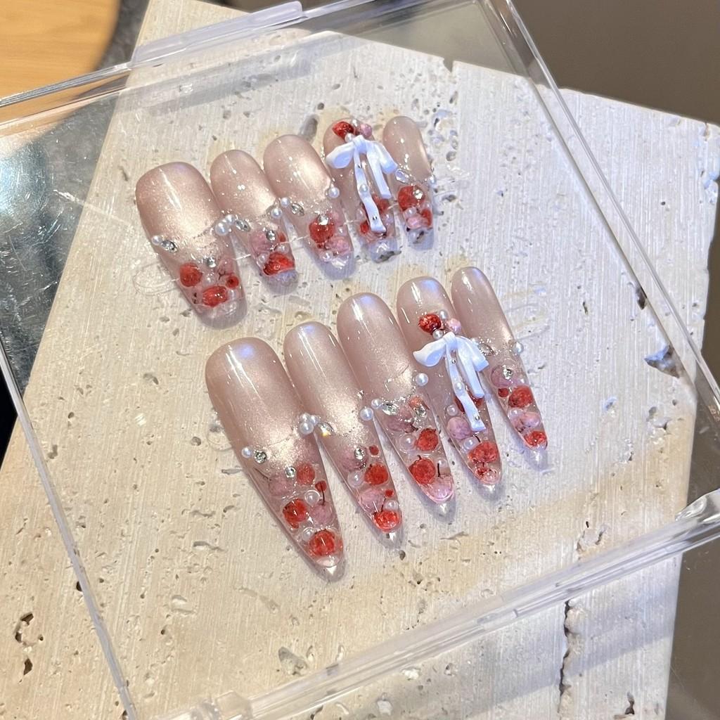Handmade Press On Nail French Sparkling High-end Ice Crack Cat Eye Hand-painted Rose 3D Bow Pearl Fake Nail Patch Artificial Nail Reusable