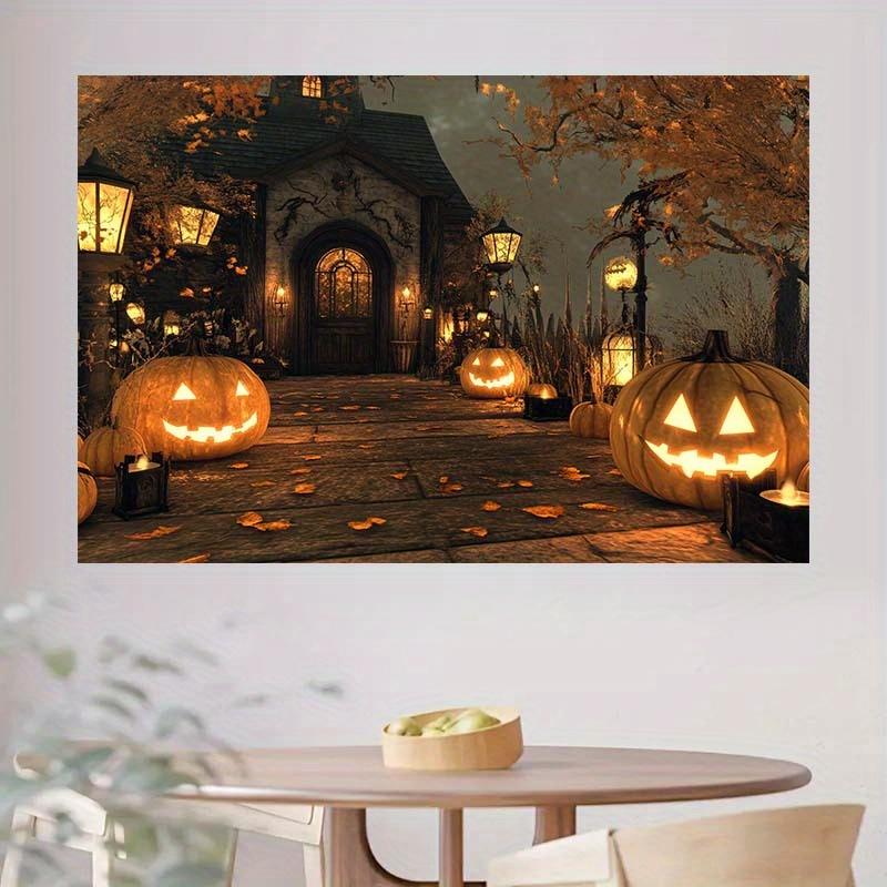 2D flat banner 1 Halloween pumpkin lantern path background - horror house and autumn leaves theme no power required