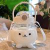 Water Bottle Plastic Cute Panda 1000ml Large Capacity Direct Drinking with Straw Carrying Strap Kids Drinking Bottle for Daily Use Clear White