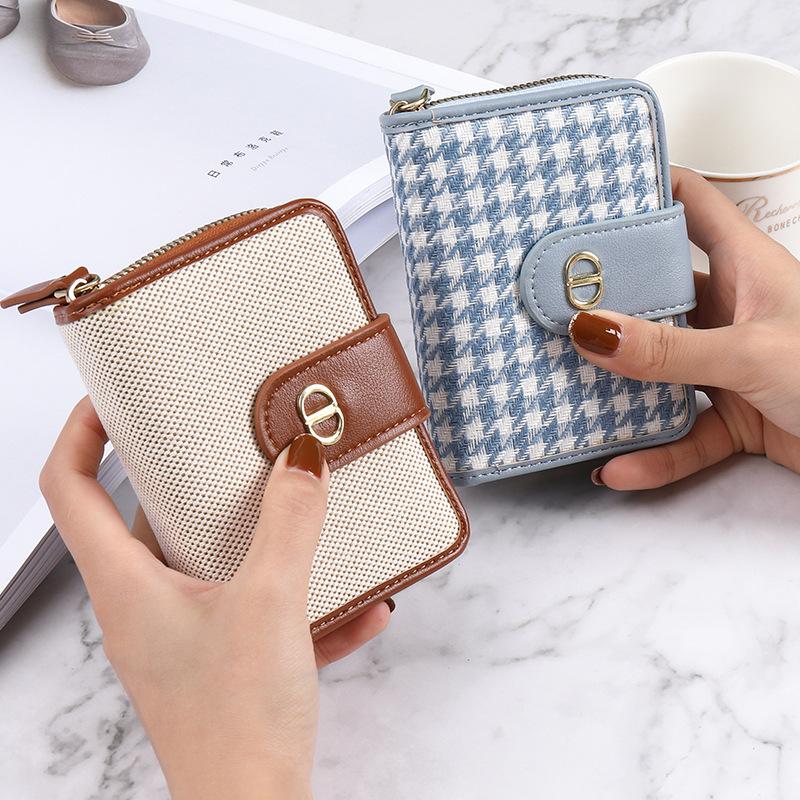 Light luxury new small wallet women's short buckle thousand bird grid canvas multi-card anti-degaussing large-capacity high-end wallet