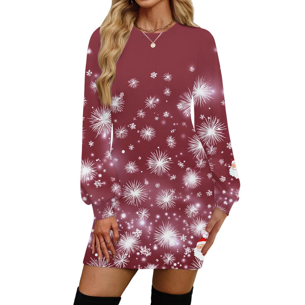 Rochie casual de modă pentru femei, cu imprimeu de Crăciun, cu gât rotund și mâneci lungi