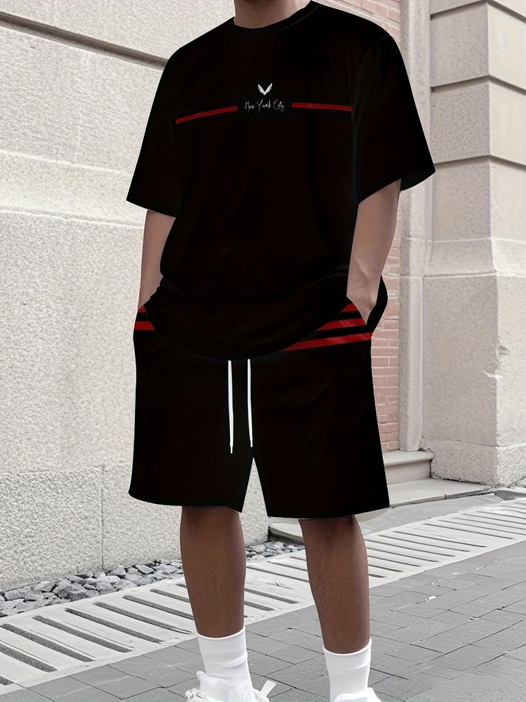 Men's Letter Print Crew Neck Short Sleeve Stylish Streetwear Men's Fashion Set Summer Casual Outdoor Vacation Two-Piece Set