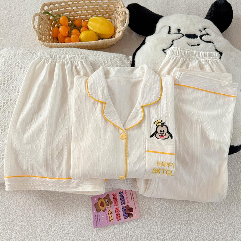 High-value solid color puppy imitation cotton jacquard simple pajamas women's short-sleeved three-piece loungewear