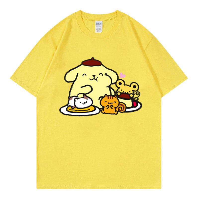 Cute Pompom Purin Women T-shirt Summer 2025 Cartoon New Short Sleeve 100% Cotton Tee Shirt Tops Cartoon Anime Couple Clothing