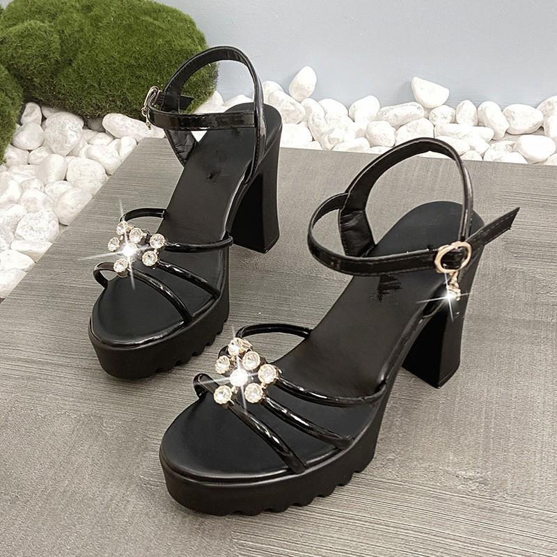 

Women s high-heeled fashion sandals starry thick-soled one-word buckle sandals women s thick-soled thick-heeled fairy-style sandals sexy 42 чёрный