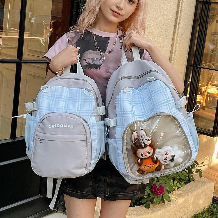 Color Block Plaid Backpack Women Large Capacity Anime Detachable 2 Way Doll Bag Ita Bag Ladies Sweet Multifunctional Daypack New