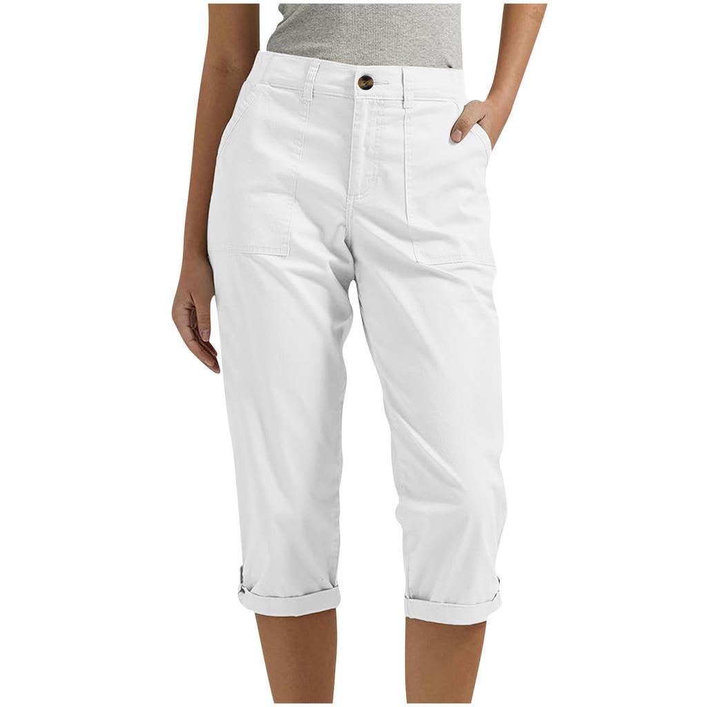 Women Casual Capri Pants High Waisted Rolled Cuff Ankle Pants Solid Color Pocket Detail Loose Fit Trousers