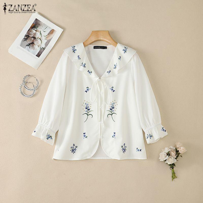 ZANZEA Women Ruffles V-Neck Loose Casual 3/4 Sleeve Floral Print Blouse