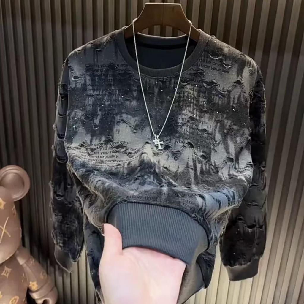 Trendiger Herren-Langarm-Hoodie 2025 mit Sternendesign, luxuriösem Rundhalsausschnitt und stylischen Ripped-Details