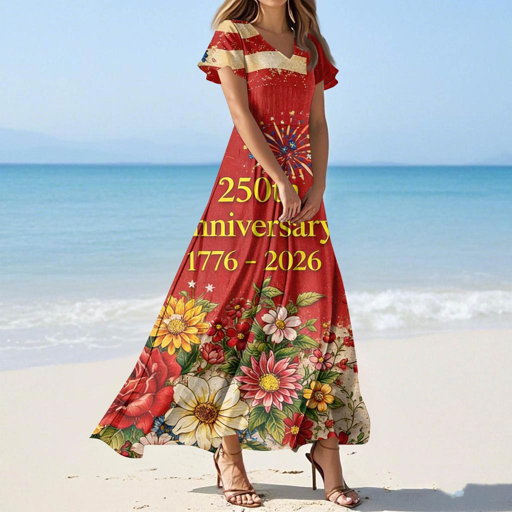 Women's Summer Casual Fashion Print Color Dresses V-Neck Short Sleeve Dresses