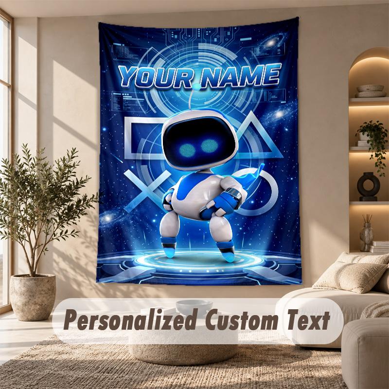 Astro Bot Wandteppich, Personalisierter Wunschtext, Wandbehang für Wohnzimmer Heimwanddekoration