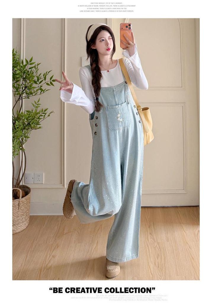 2026 Chic Rhinestone Wide-Leg Maternity Denim Overalls & Flare Sleeve Set