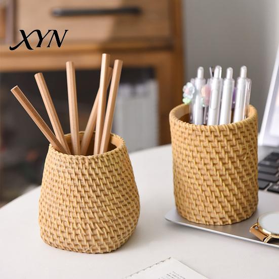 Makeup Brush Holder Faux Rattan Pen Holder, Woven Style Boho Pencil Storage Box Desktop Organizer, Multi-functional Resin Cup for Home Office