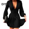 Women Dress Low Cut Deep V Neck Long Lantern Sleeves Solid Color Tight Waist Pleated A Line Big Swing Commute Lady Spring Summer Mini Dress