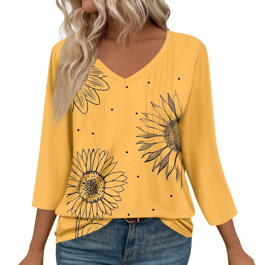 Damenmode Lässige 3/4-Ärmel-Oberteile Plissee-Modekleidung T-Shirt-Oberteile