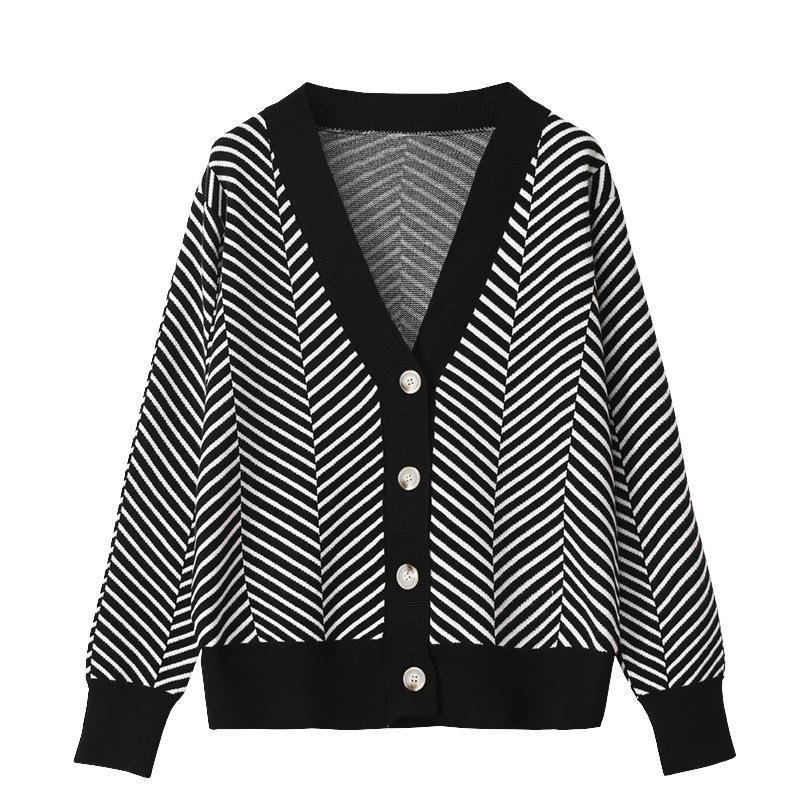 Striped Knitted Cardigan Women's Loose Sweater Single Breasted Buckle Casual Long Sleeved Jacket Warm Comfortable Commuter Tops Autumn and Winter
