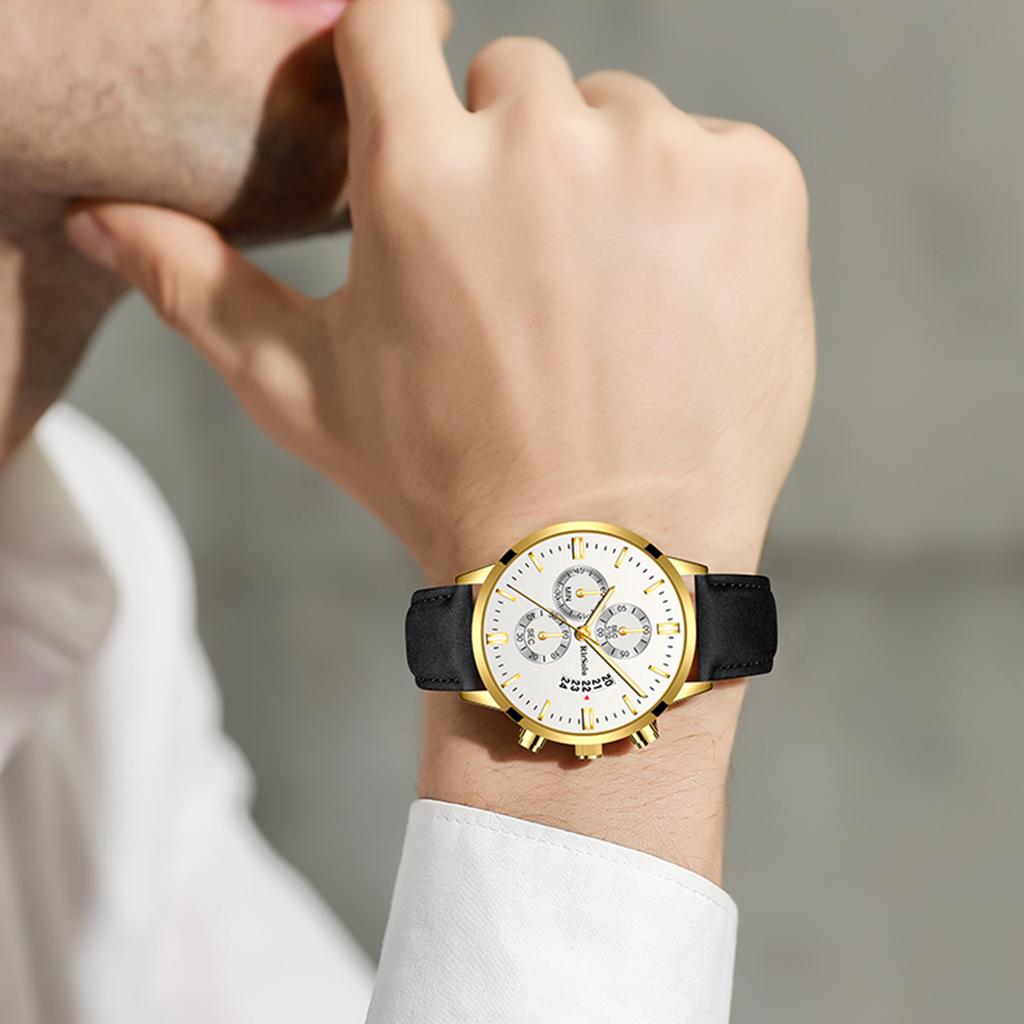RS0053 Fashionable Luxurious Men Business Watch Elegant Quartz Wrist Watch with Leather Strap 30M Waterproof Luminous