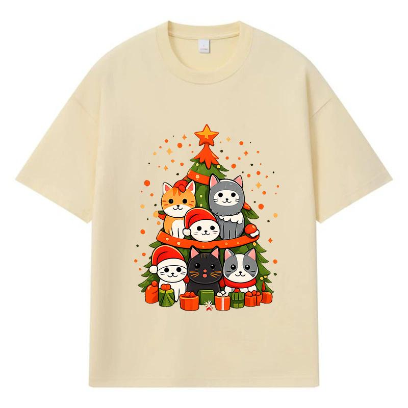 2026 Christmas Tree with Cats Printed Graphic Y2k Harajuku Streetwear 100% Cotton T Shirt Casual Oversized Summer Men T-shirt