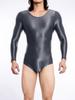 Sexy Satin Shiny Men'S Bodysuit Sheer See Through U Bulge Pouch Thong Yogatights High Elastic Slip Long Sleeve Leotard Shapewear