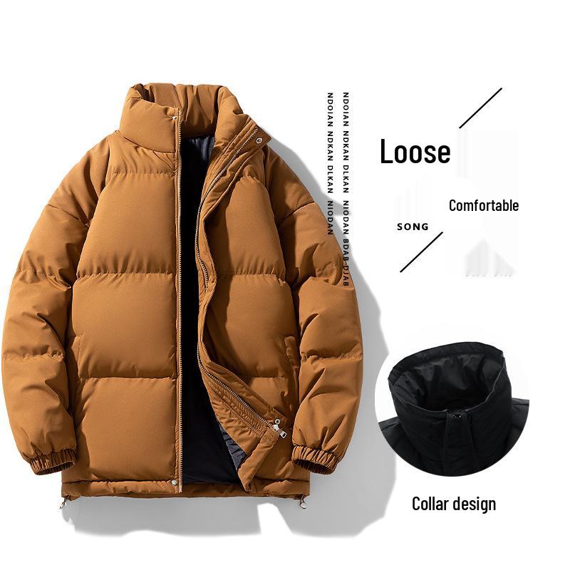 Men's Plus Size Cotton Padded Winter Jacket - Casual Stand Collar, Solid Color, Short Puffer Coat