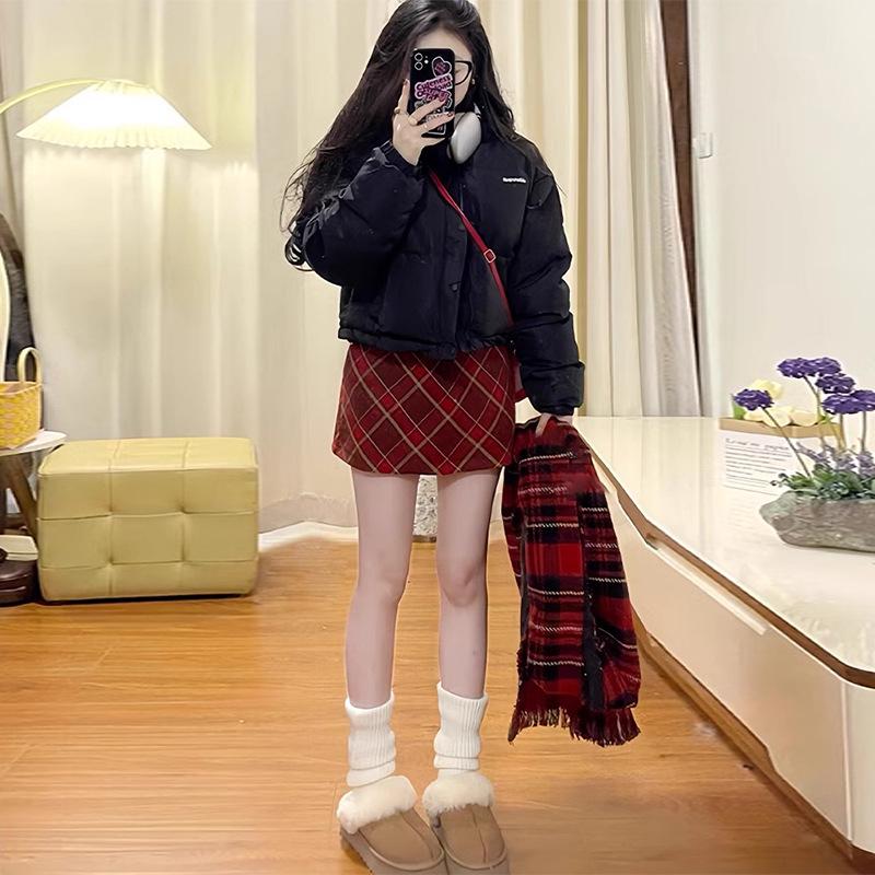 Women's High Waist Gray Plaid Woolen A-line Short Skirt - Autumn 2025 Edition