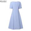 ZANZEA Women Casual Square Collar Short Sleeve Summer A-line Dress