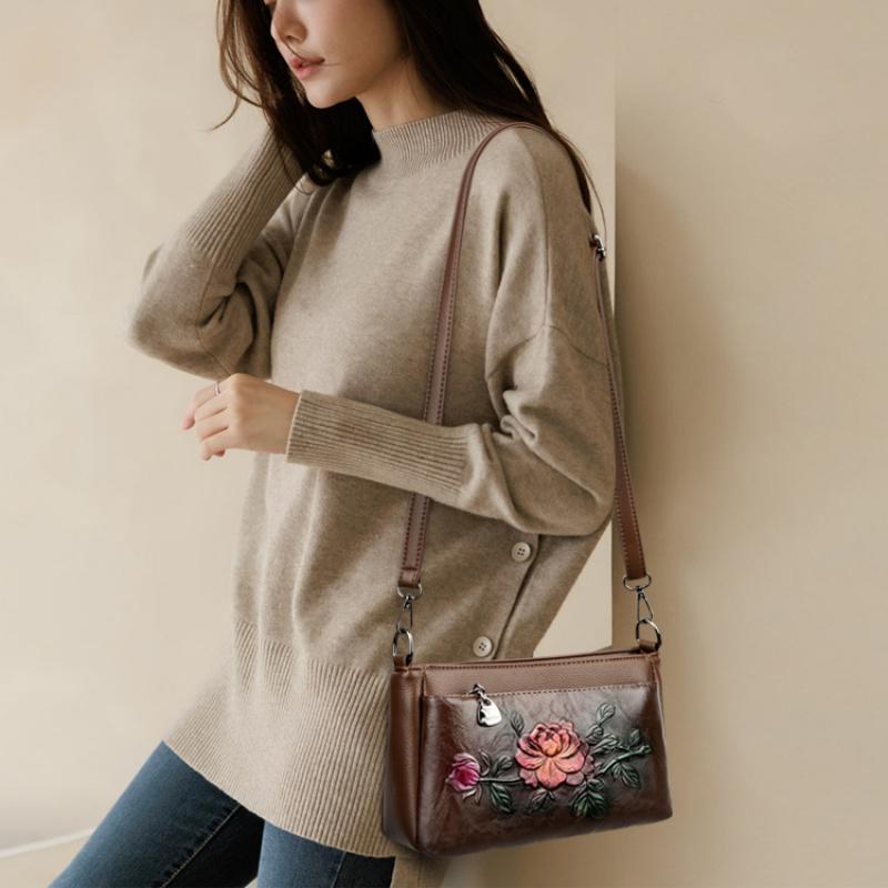 Damen Geprägte Blume Umhängetasche Vintage Florale Schulterhandtasche PU-Leder Tägliche Pendlertasche Lässige Mehrzweck-Geldbörse für Mama Arbeit Einkaufen