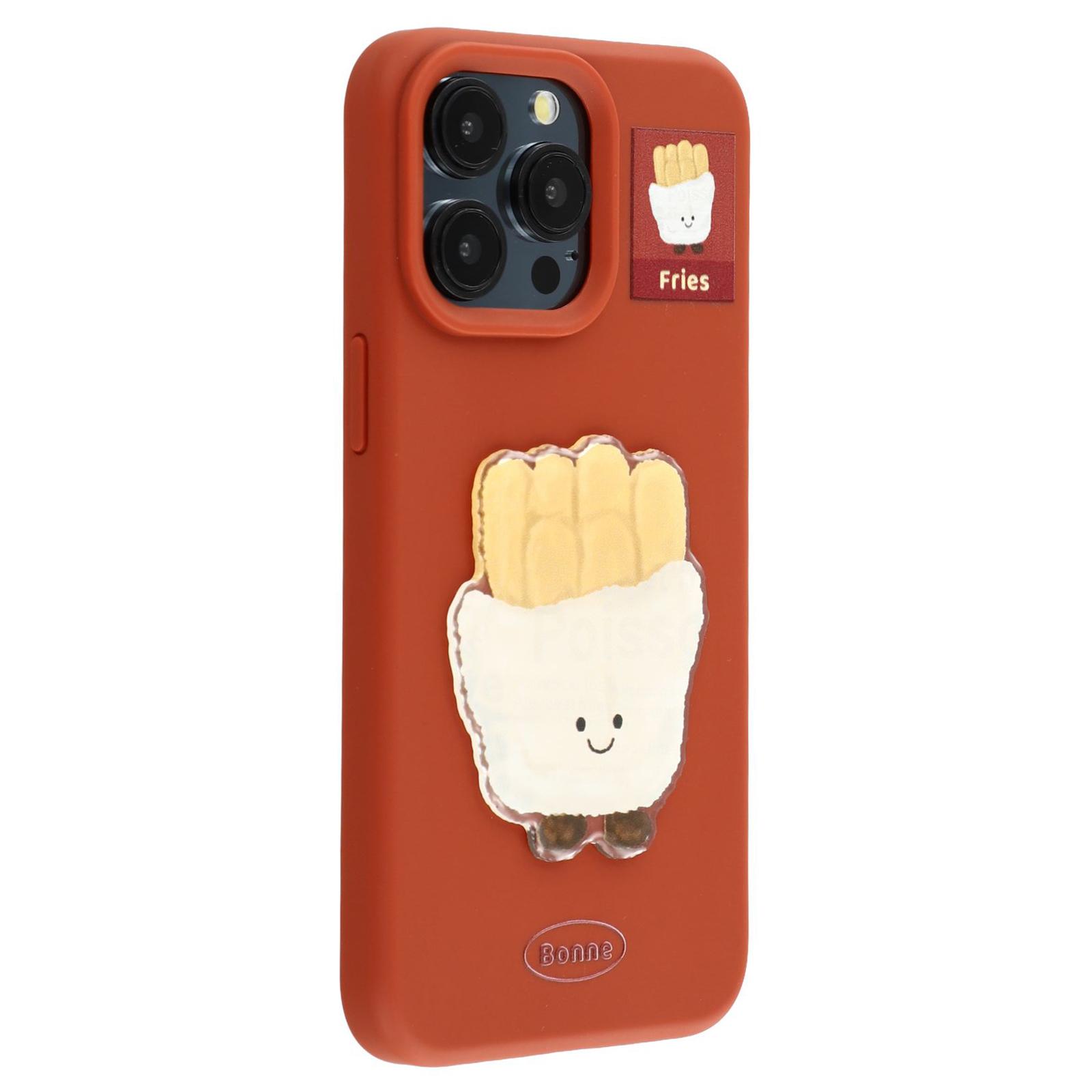 

For iPhone 15 Pro Case Pattern Printed 2.0mm TPU Phone Cover with 3D Accessories Decor Dark Red+French Fries