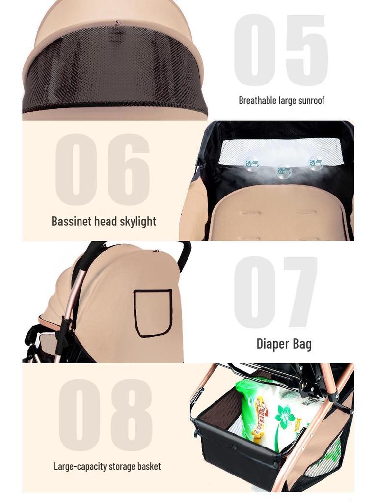 Reversible Foldable Baby Stroller with Shock-Absorbing Wheels and Large Sleep Basket